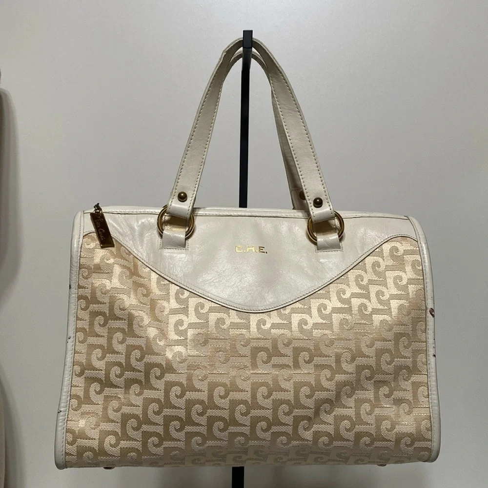 Vintage Pierre Cardin 1970’s Monogram Canvas and Leather Satchel Purse in Ivory
